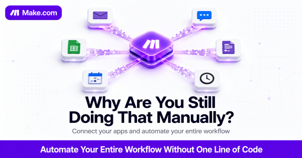 A realistic 3D illustration on a clean white background: a central glowing purple node connected to six floating app icons