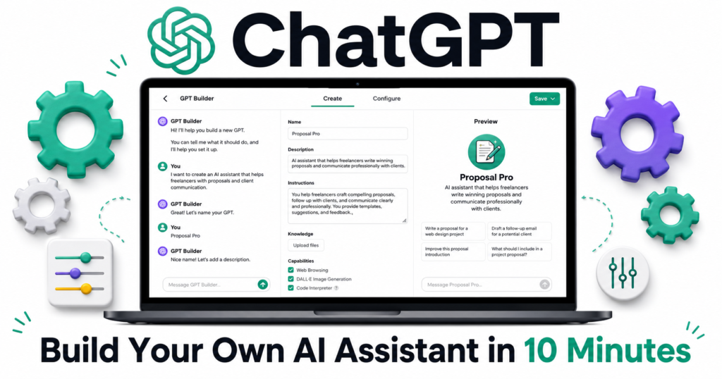 A bright modern illustration on a white background featuring the ChatGPT logo at the top and a laptop displaying the GPT Builder interface. The screen shows a custom AI assistant being configured with settings, instructions, and preview panels. Colorful gear and settings icons surround the laptop, symbolizing customization and automation. Large bold text at the bottom reads: “Build Your Own AI Assistant in 10 Minutes.”