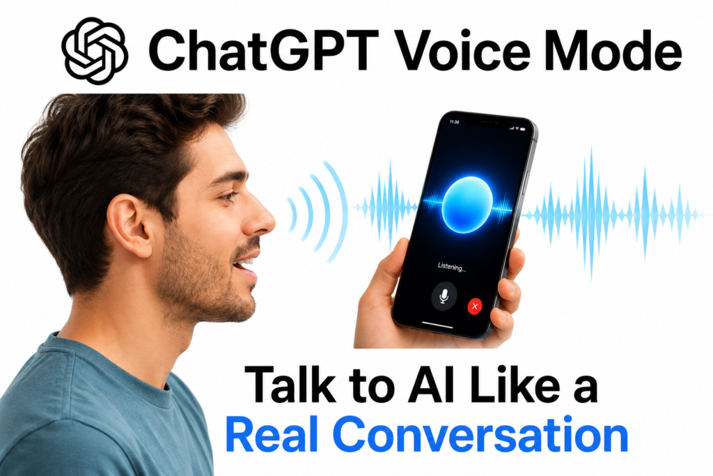 Person speaking naturally to a smartphone displaying a glowing blue AI voice orb, with animated sound waves radiating from the screen. ChatGPT Voice Mode logo and title appear at the top, with the text “Talk to AI Like a Real Conversation” on a clean white background.