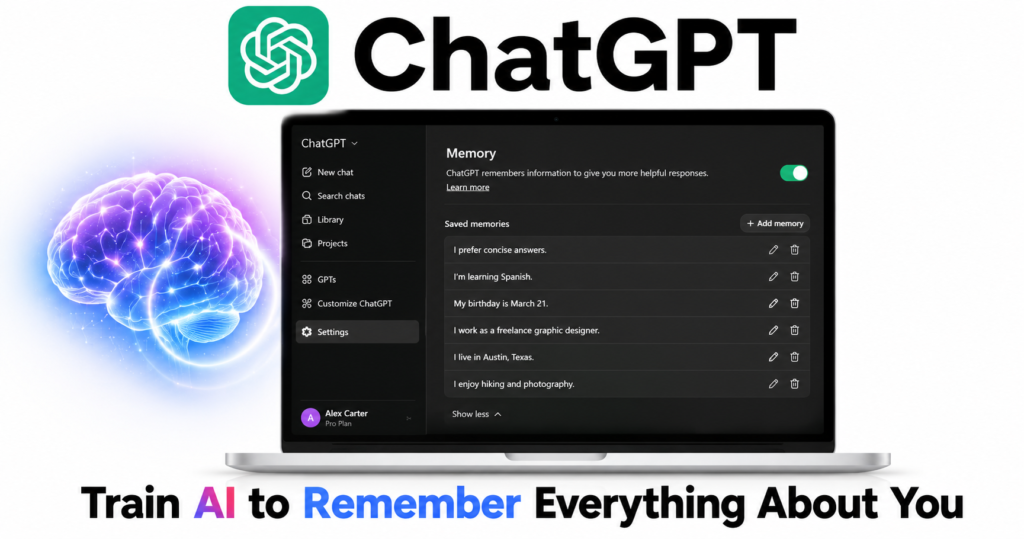 ChatGPT logo bold at top, a laptop screen showing the ChatGPT Memory settings page with a list of saved memory entries, a glowing brain icon, bright modern illustration, white background