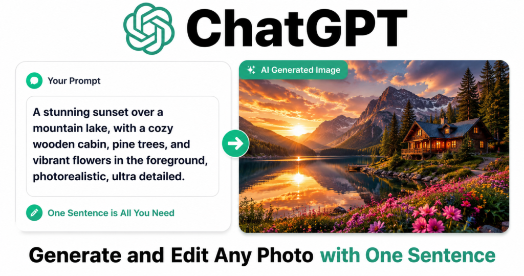 ChatGPT promotional graphic showing a split-screen layout on a white background. The left side displays a text prompt describing a mountain lake sunset scene, while the right side shows the AI-generated image created from that prompt. The ChatGPT logo appears at the top, and the headline at the bottom reads, “Generate and Edit Any Photo with One Sentence.”