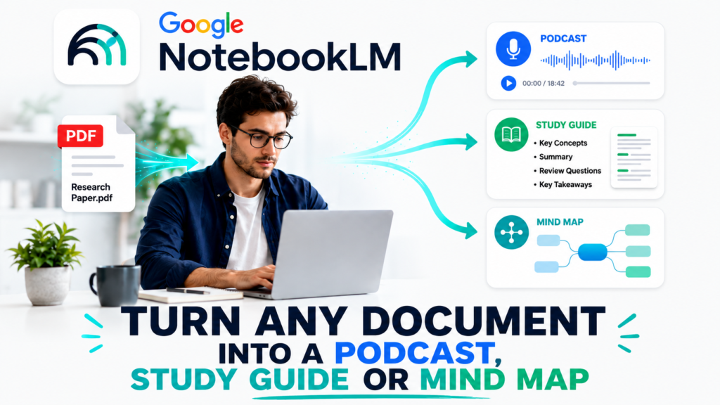 Professional illustration of Google NotebookLM showing a PDF document transformed into a podcast, study guide, and mind map through an AI-powered workflow, with a student using a laptop and blue-teal modern design.