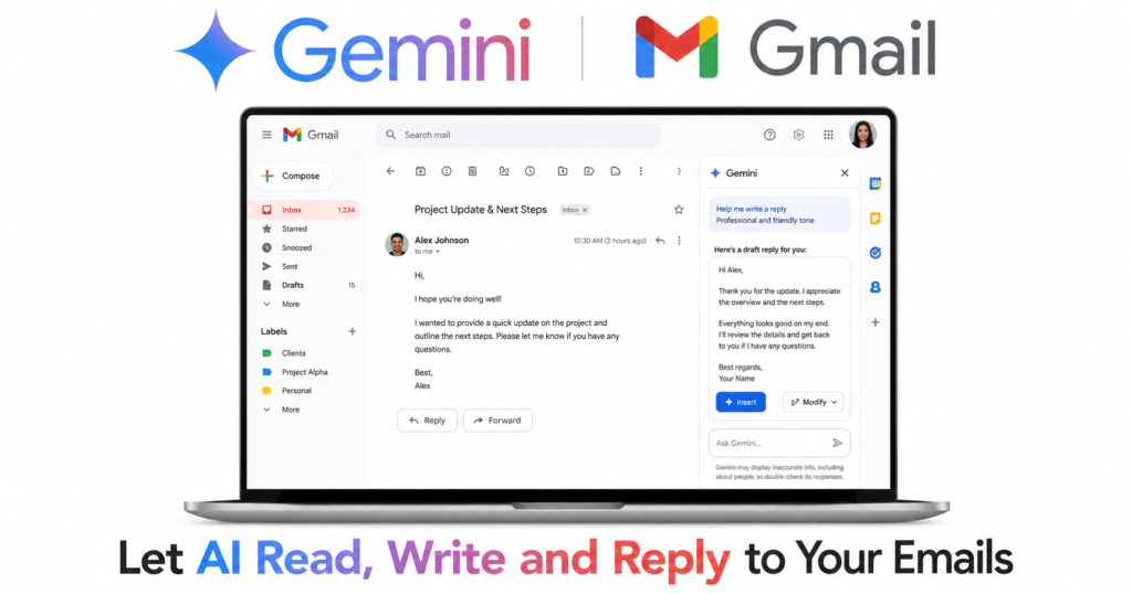 Google Gemini and Gmail logos displayed side by side at the top. A modern laptop shows Gmail open with the Gemini AI side panel on the right, automatically composing an email. Clean white background with a bright, professional illustration style. Bold text at the bottom reads: “Let AI Read, Write and Reply to Your Emails.”