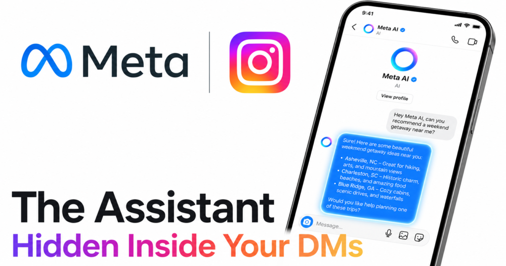 Meta AI logo and Instagram logo displayed side by side at the top. A smartphone in the center shows an Instagram Direct Message conversation with Meta AI, featuring a glowing blue AI-generated response. Modern, clean illustration on a white background with the bold text “The Assistant Hidden Inside Your DMs” at the bottom.