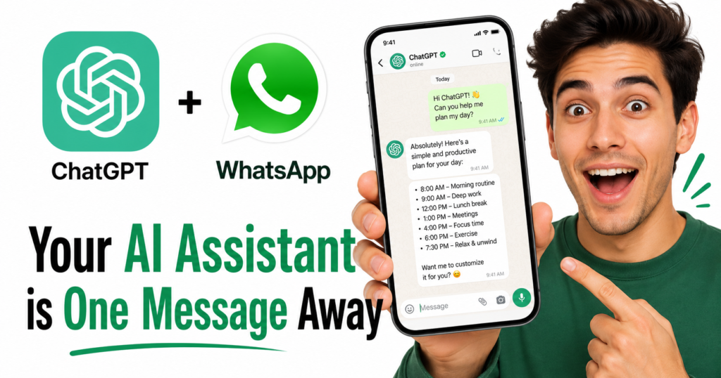 Smartphone displaying a WhatsApp chat with ChatGPT, showing an uploaded image, a text question from the user, and a detailed AI response in a clean green messaging interface on a realistic mobile screen.