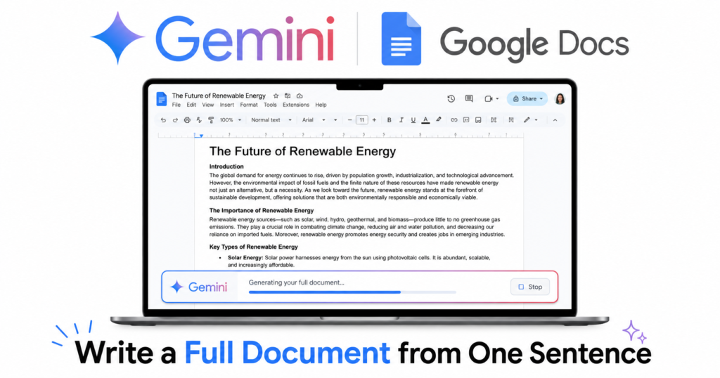 Google Gemini and Google Docs logos displayed above a laptop showing Google Docs generating a complete document from a single prompt using Gemini AI. White background with modern illustration style and bold text reading “Write a Full Document from One Sentence.”