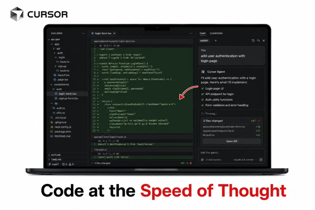 Cursor 2.0 interface showing an AI agent panel building a full-stack app feature across multiple files