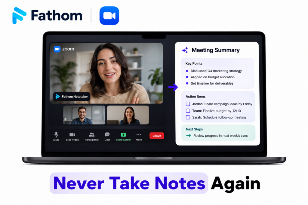 Fathom interface showing an automatically generated meeting summary with action items