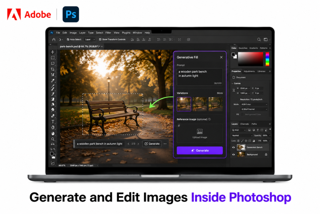 se Adobe Firefly inside Photoshop to generate, extend, and edit images with AI using Generative Fill and Generative Expand