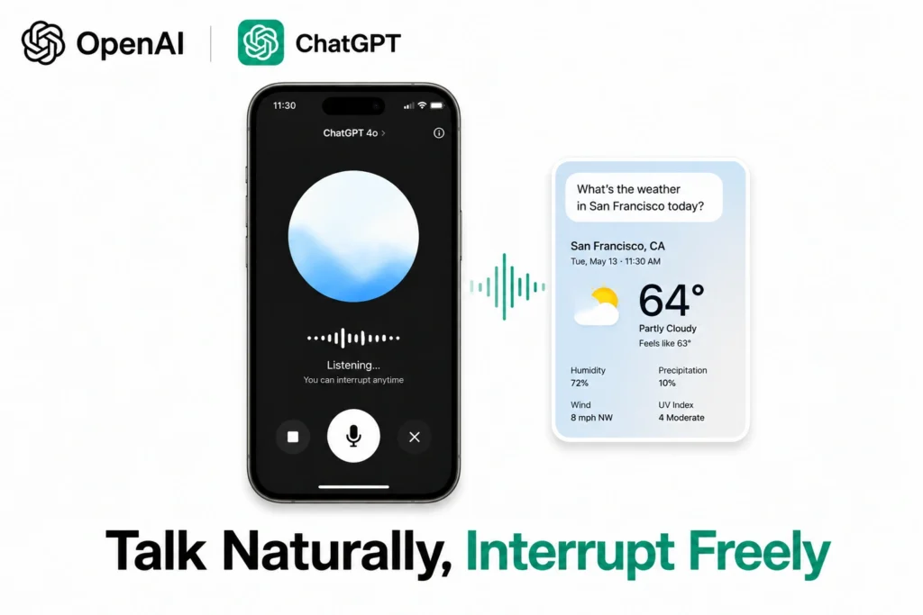 GPT-Live voice model interface showing ChatGPT Voice with a visual weather card