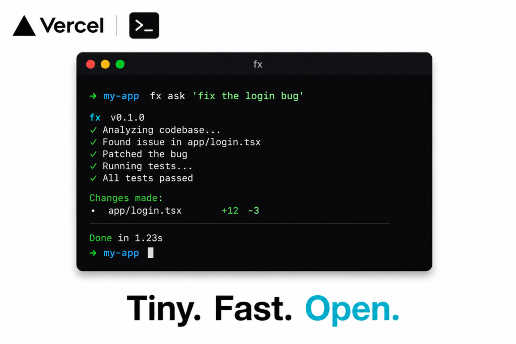 Terminal window showing the fx coding agent CLI running a task in Unix shell style