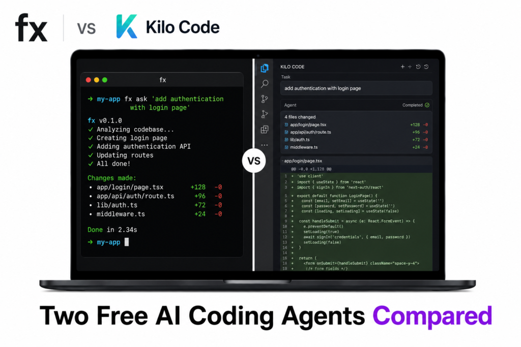 Side-by-side comparison of fx and Kilo Code AI coding agent interfaces