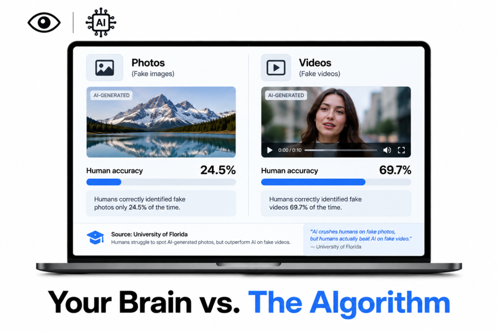 Spot deepfake videos comparison showing human versus AI detection accuracy