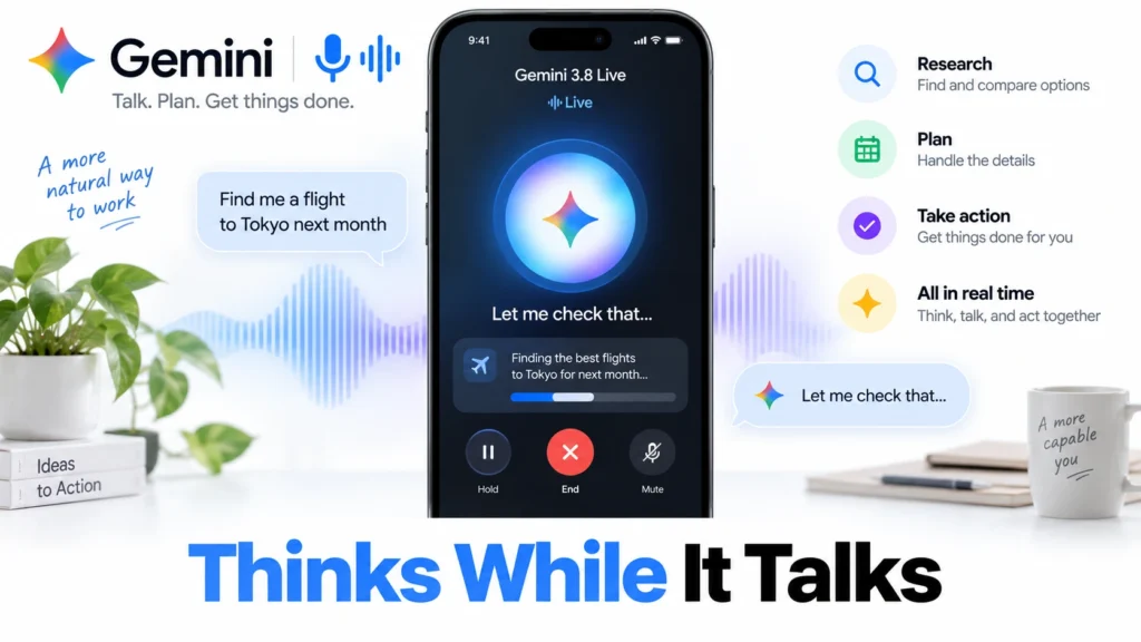 Gemini 3.8 Live voice AI interface showing real-time conversation with background task execution