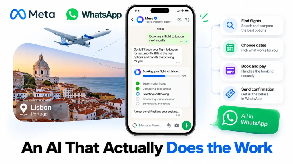 Meta Muse AI agent booking travel and sending emails on a phone screen